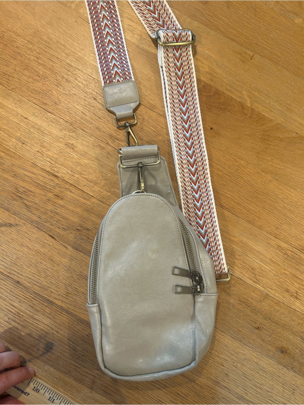 Leather Crossbody Sling Bag in Light Gray with Woven Strap